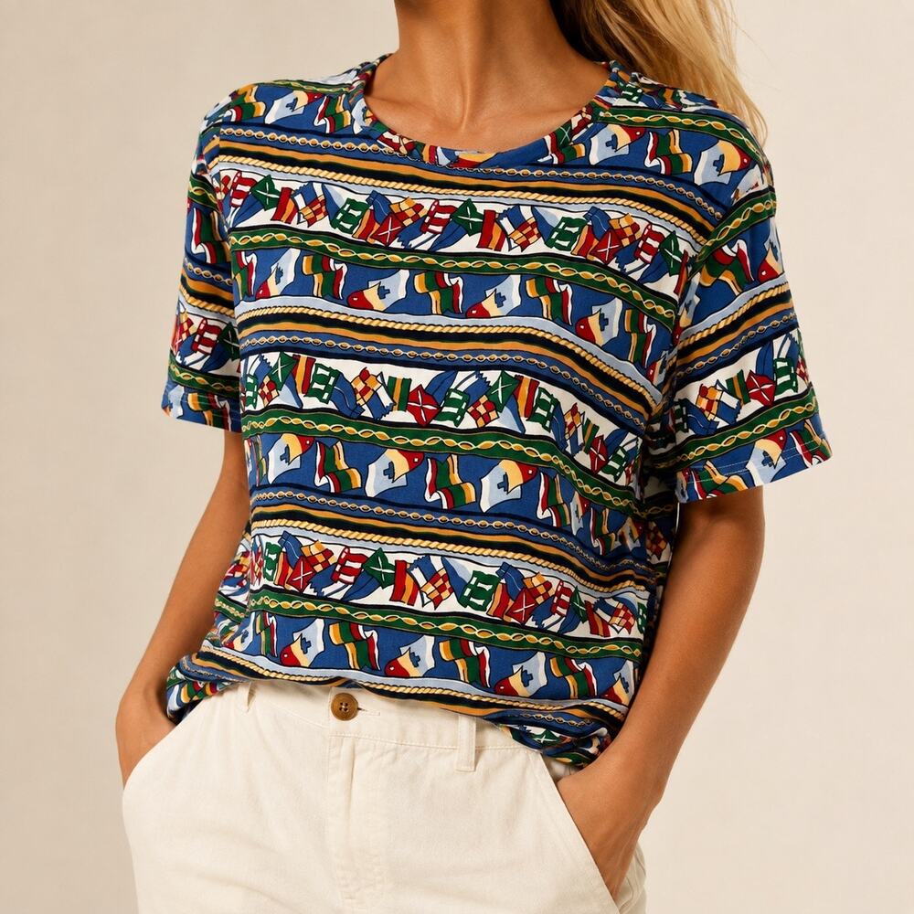 Talbots Sz Medium Womens Nautical Sailing Boat Flag Blouse Shirt Top Ocean